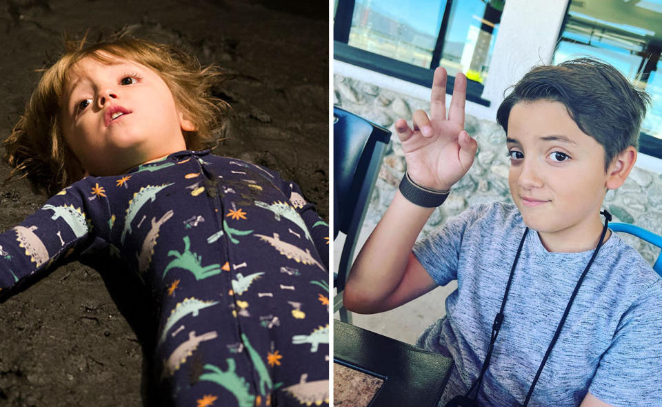 L: Jeremy Maguire playing Joe on Modern Family. R: Jeremy Maguire doing a peace sign for the camera