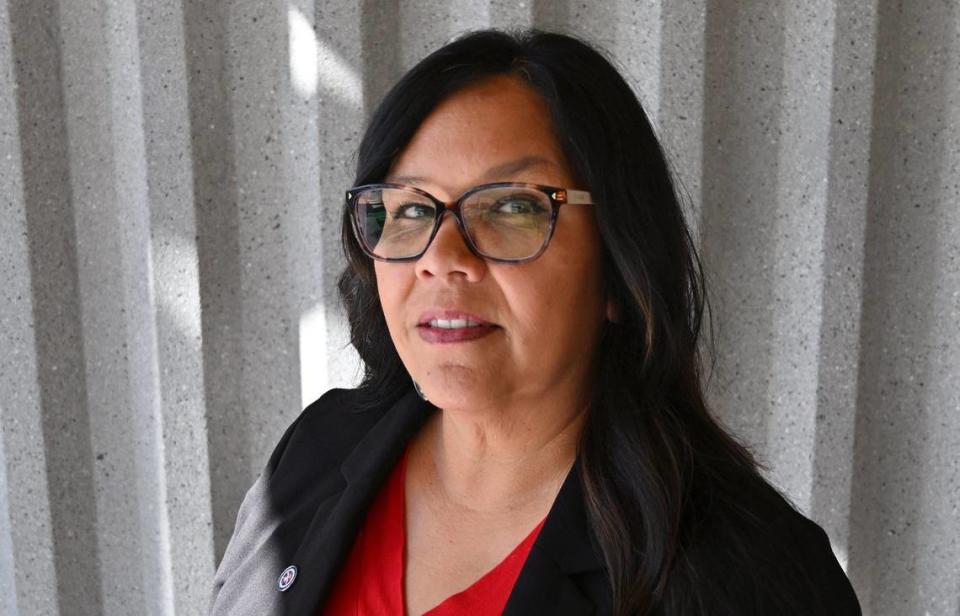 Kellie Carrillo, a member of the Tule River tribe and vice mayor of Porterville, has been hired by Fresno State to coordinate its Cal NAGPRA compliance efforts toward Native American artifacts in the university library’s collection. Photographed June 17, 2024 in Fresno.