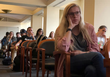 Students of the George Washington University Law School gather at Lisner Hall to watch the U.S. Senate Supreme Court confirmation hearing into sexual assault allegations from Christine Blasey Ford against Supreme Court nominee Judge Brett M. Kavanaugh in Washington, DC, U.S. September 27, 2018. REUTERS/Kevin Fogarty