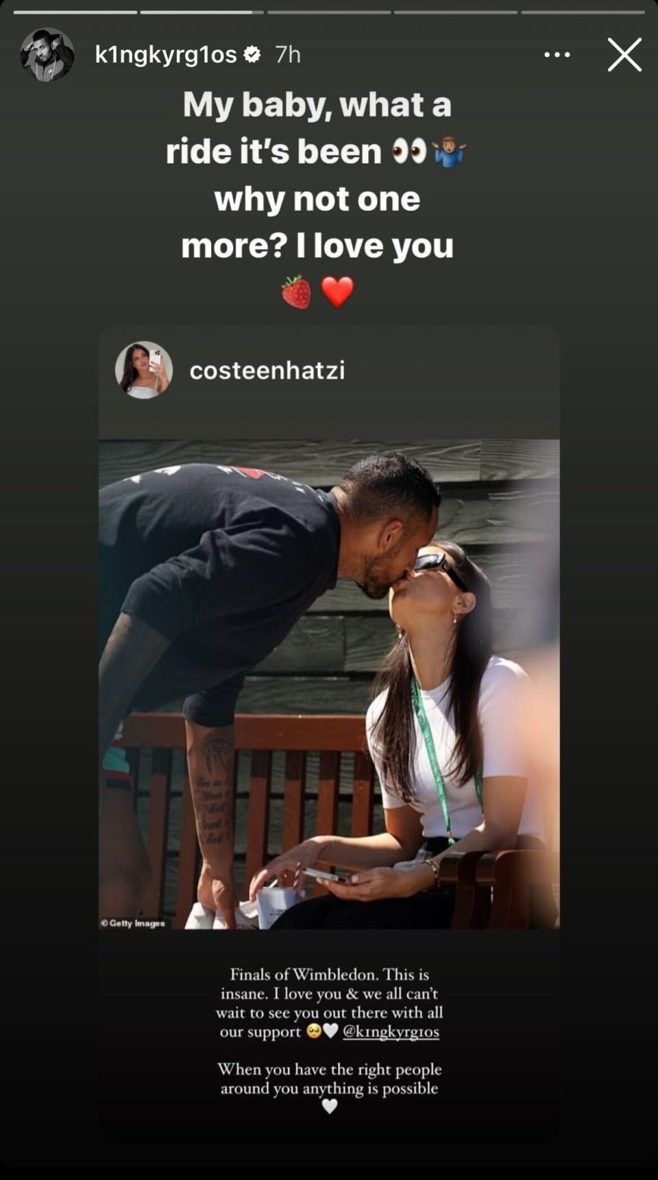 Nick Kyrgios and girlfriend Costeen Hatzi share messages.