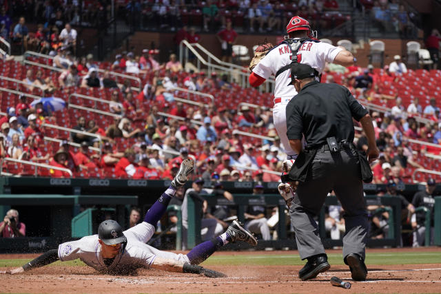 St. Louis, United States. 06th Aug, 2023. Colorado Rockies starting pitcher Austin  Gomber goes to the rozen bag during the first inning against the delivers a  pitch to the St. Louis Cardinals