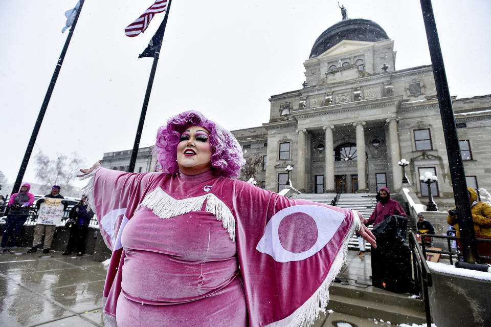 FILE - Scenes from a drag show at the Montana Capitol held in protest to a slate of bills aimed at how trans Montanans live, April 13, 2023, in Helena, Mont. Montana was the first state to specifically ban people dressed in drag from reading books to children at public schools and libraries. A transgender woman, an independent bookstore and an educator who dresses up as characters while teaching her students are among the plaintiffs in a lawsuit filed Thursday, July 6, 2023, seeking to overturn the ban. (Thom Bridge/Independent Record via AP, File)