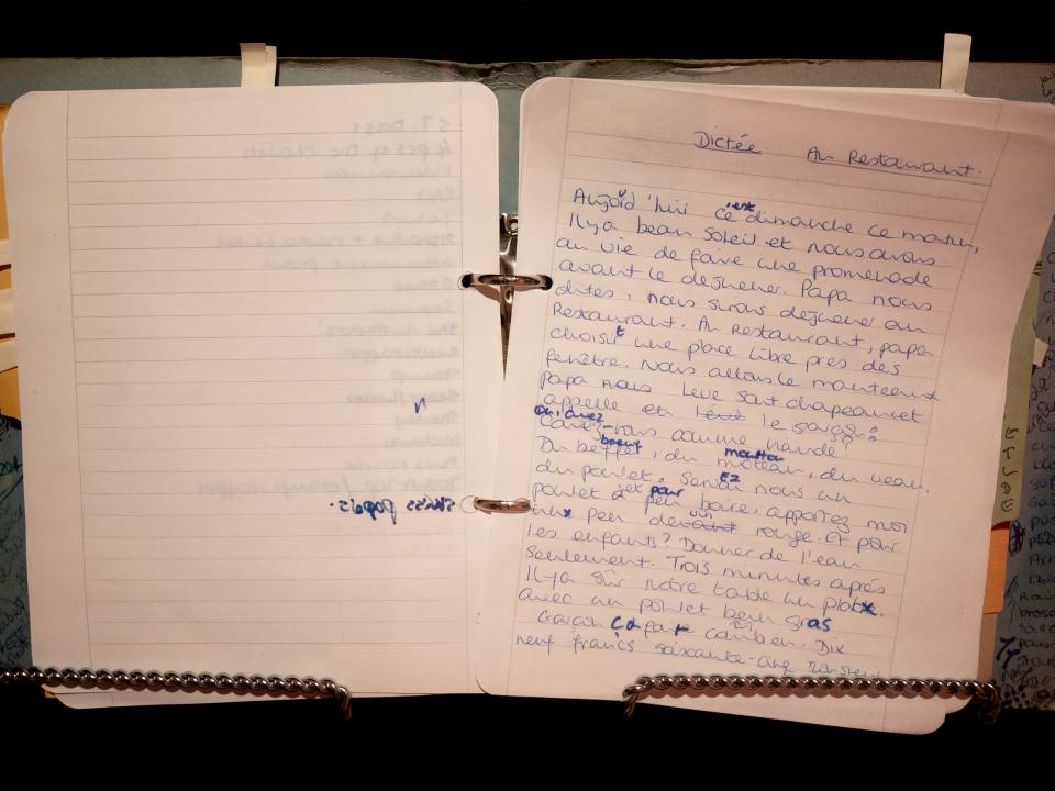 A school notebook of Princess Diana that shows her neat handwriting for French class.