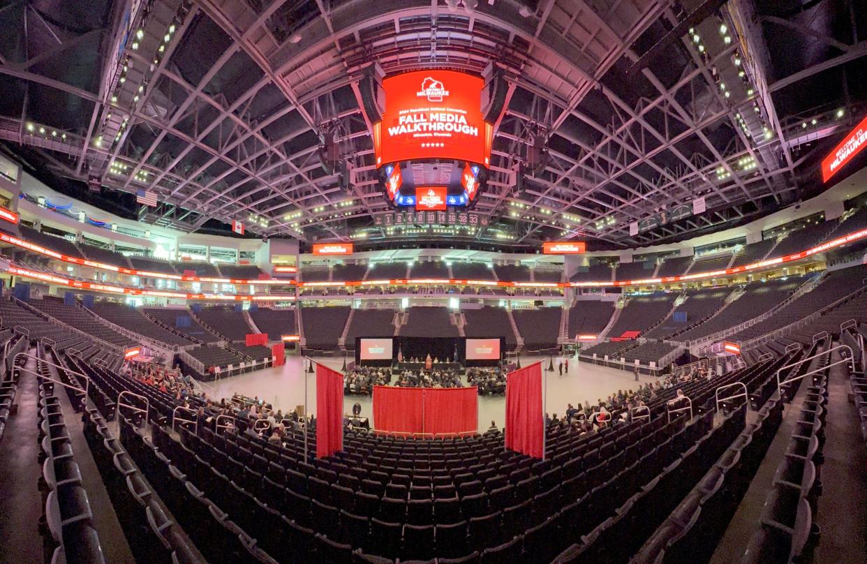 The stage is set for the Republican National Convention fall media walkthrough at Fiserv Forum in Milwaukee on Thursday, Nov. 30, 2023. The convention will be held July 15-18.