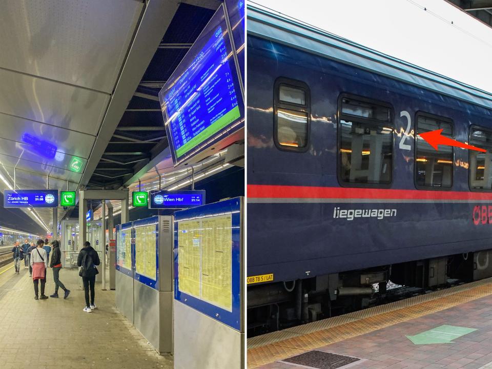 From left: A platform where the train takes off in Austria and car two on a Nightjet train stopped in Venice, Italy.