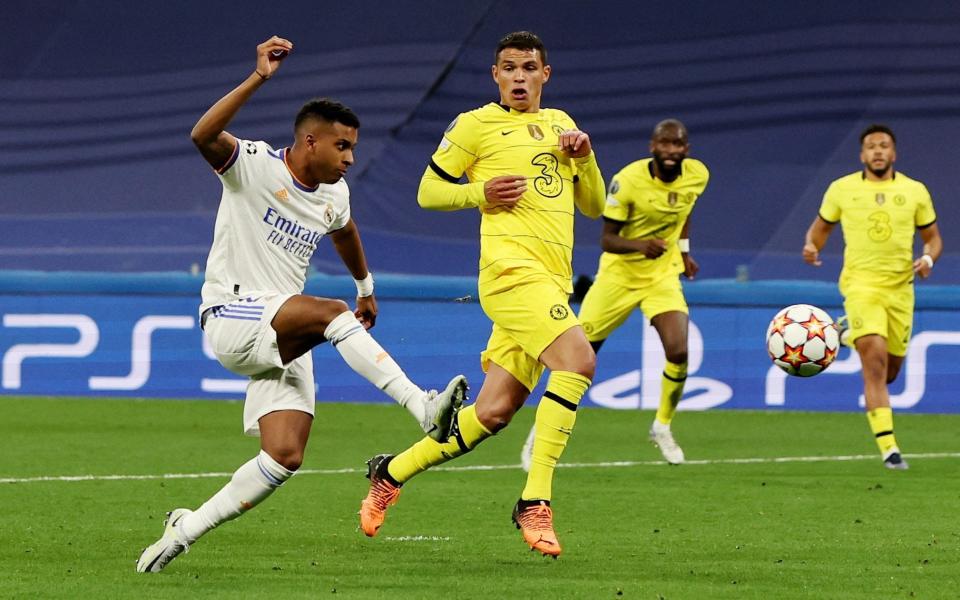 Soccer Football - Champions League - Quarter Final - Second Leg - Real Madrid v Chelsea - Santiago Bernabeu, Madrid, Spain - April 12, 2022 Real Madrid's Rodrygo scores - Action Images via Reuters 