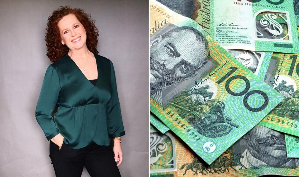 Compilation image of woman in dark green standing against a grey background and pile of Australian dollars