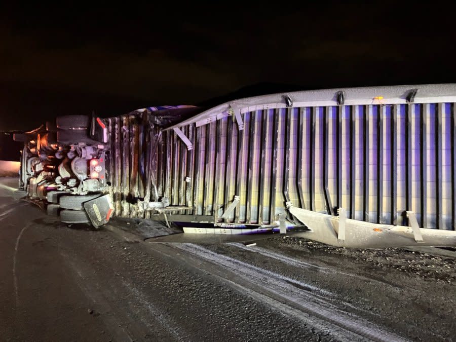 The eastbound on-ramp from eastbound I-70 onto C-470 was closed late Saturday after a semi-truck was blown over in the wind. (Colorado State Patrol)