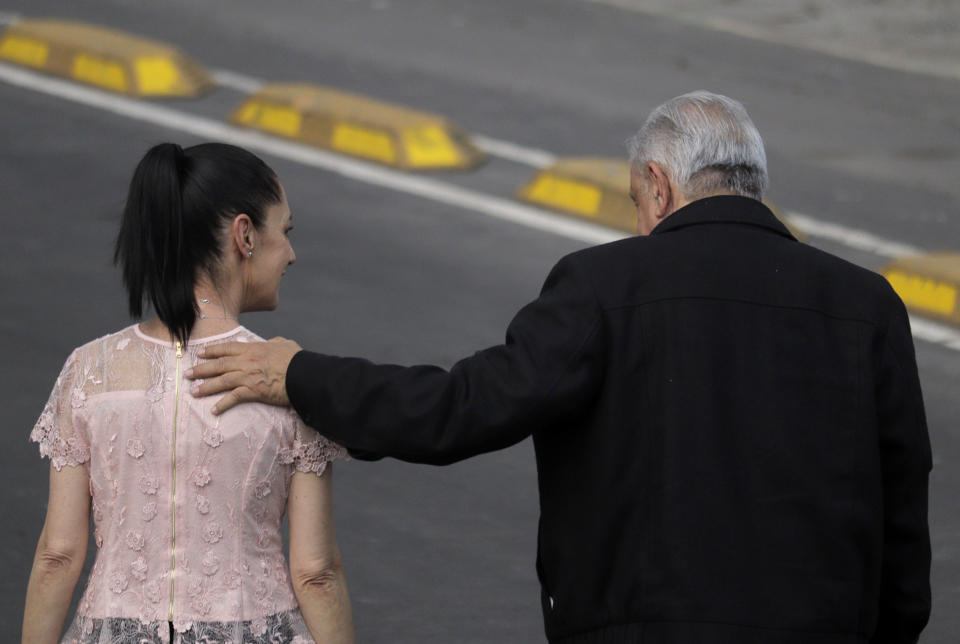 Claudia Sheinbaum, head of government of Mexico City, and Andrés Manuel López Obrador, president of Mexico, during the inauguration of the first branch of the Welfare Bank in Tláhuac, in response to the COVID-19 health emergency and the yellow epidemiological traffic light in the capital. (Photo by Gerardo Vieyra/NurPhoto via Getty Images)