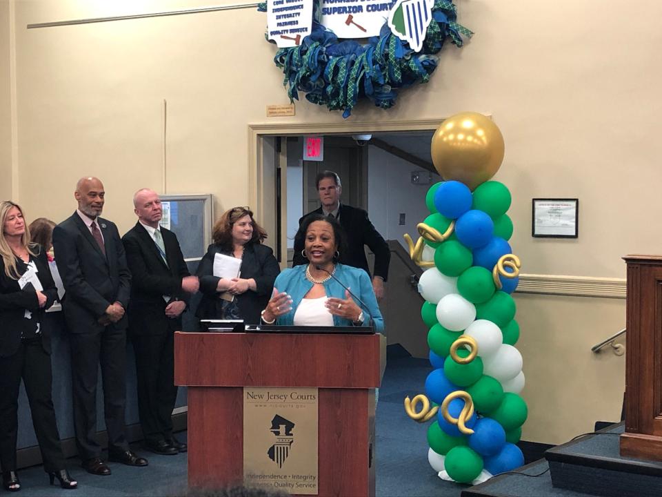 Donita Judge, associate executive director of the Center for Constitutional Rights, gives remarks during the opening of the "Black Pioneers in the Law" exhibit in the Morris County Courthouse Wednesday, May 3, 2023.