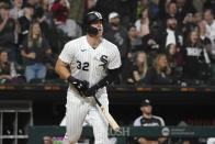 Chicago White Sox's Gavin Sheets watches his home run off Detroit Tigers starting pitcher Drew Hutchison during the fourth inning of a baseball game Saturday, Sept. 24, 2022, in Chicago. (AP Photo/Charles Rex Arbogast)