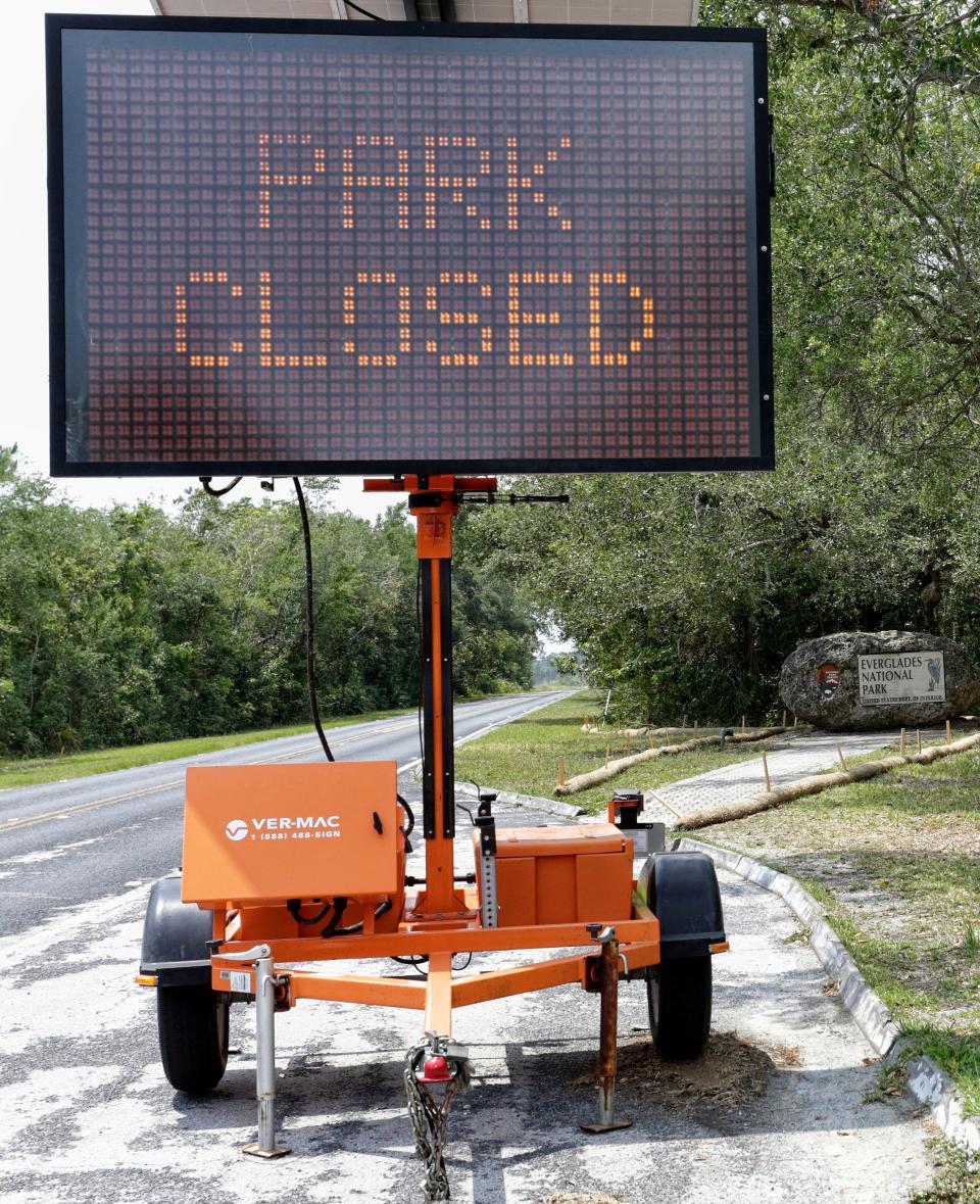 Apr 16, 2020; Homestead, Florida, USA; The Ernest F. Coe Visitor Center entrance at Everglades National Park remains closed through mid-May due to the Covid-19 pandemic. Mandatory Credit: Rhona Wise-USA TODAY NETWORK ORG XMIT: USATSI-426594 ORIG FILE ID:  20200416_jcd_zq5_039.JPG