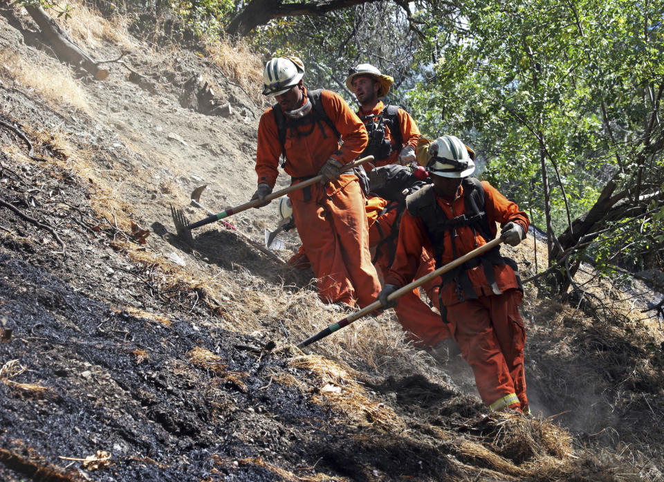 FILE - In this June 12, 2018 file photo, firefighters clear burned and unburned brush from a hillside above Portola Drive after a wildfire broke out in the Benedict Canyon area of Los Angeles. California Gov. Gavin Newsom is declaring a state of emergency to speed up forest management ahead of the next wildfire season. Newsom will sign an order Friday, March 22, 2019, allowing fire officials to bypass certain environmental and other regulations in order to clear dead trees and vegetation more quickly. It will apply to 35 projects across 90,000 acres of land. (AP Photo/Reed Saxon, File)