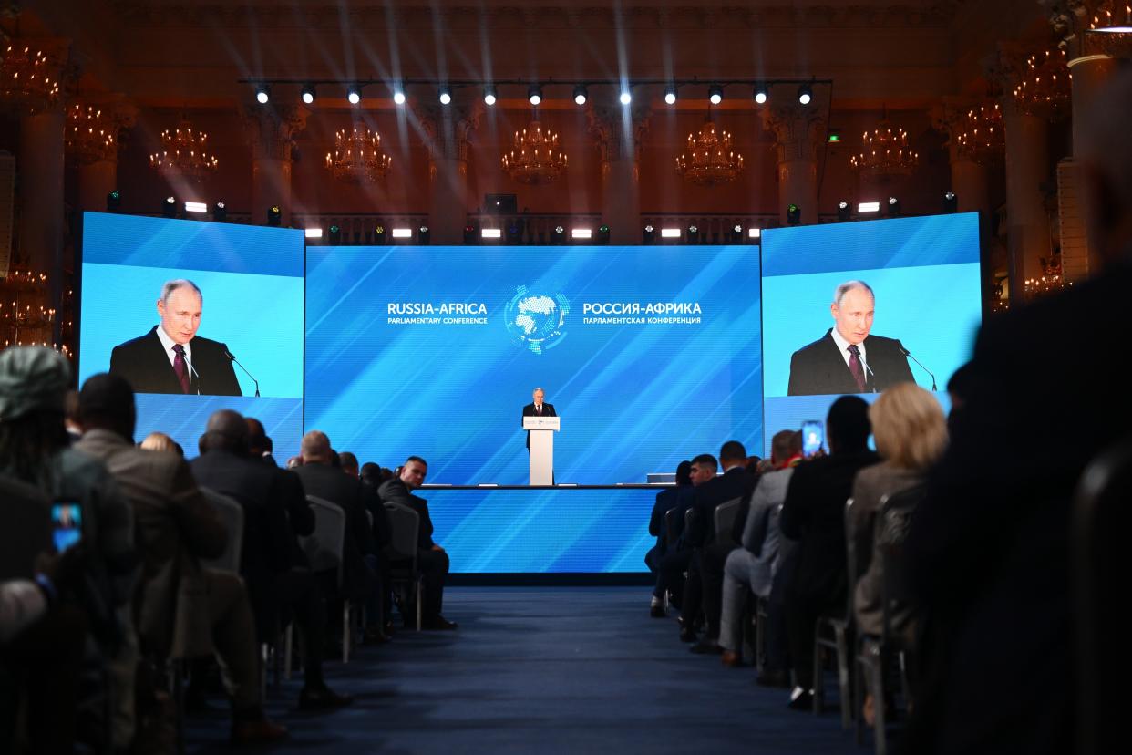 Russian President Vladimir Putin speaks at the 2nd Russia-Africa international Parliamentary Conference in Moscow, Russia, Monday, March 20, 2023. (Vladimir Astapkovich, Sputnik, Kremlin Pool Photo via AP)