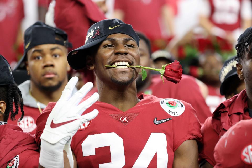 Alabama linebacker Quandarrius Robinson (34) celebrates the victory over Notre Dame in the Rose Bowl on Jan. 3, 2021. Because of the COVID-19 pandemic, the Rose Bowl was played at AT&T Stadium in Arlington, Texas.