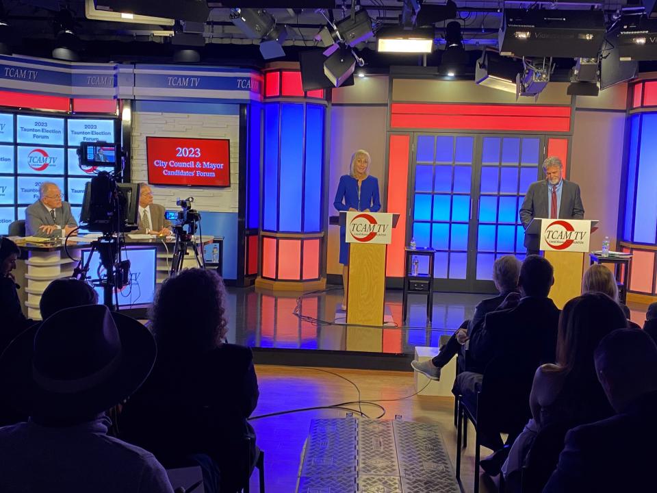 Taunton Mayor Shaunna O'Connell and opponent Ed Correira are on stage right before they square off in a candidates night debate forum, hosted by TCAM on Thursday, Oct. 26, 2023.