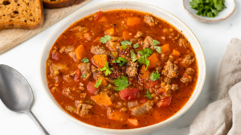 bowl of sausage lentil soup