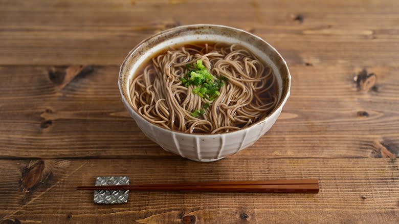 bowl of soba noodles in soup