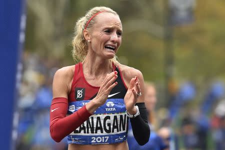 Nov 5, 2017; New York, NY, USA; Shalane Flanagan reacts after winning the professional women's division at the 2017 TCS New York City Marathon. Mandatory Credit: Derik Hamilton-USA TODAY Sports