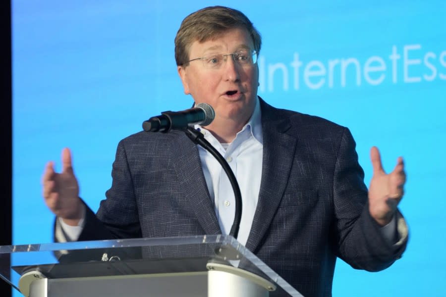 Republican Gov. Tate Reeves speaks in Bolton, Miss., Tuesday, Aug. 22, 2023. (AP Photo/Rogelio V. Solis, File)