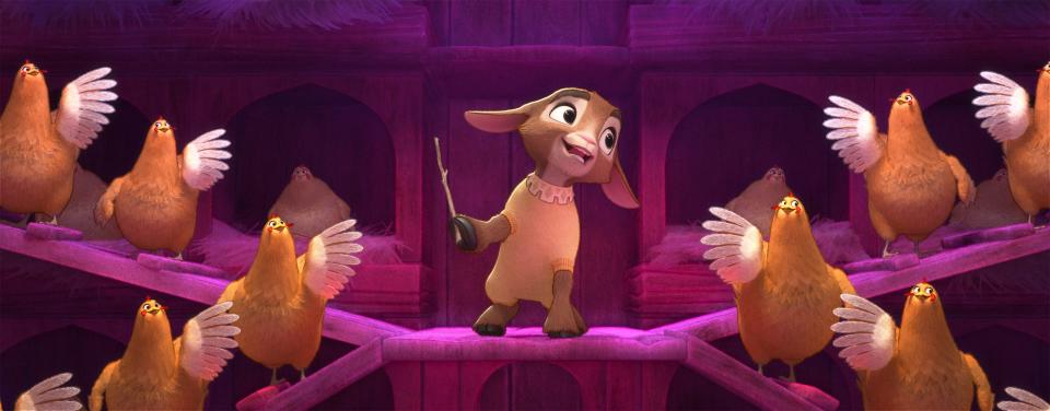 Pajama-wearing goat Valentino (voiced by Alan Tudyk) orchestrates a symphony of dancing chickens in "Wish."