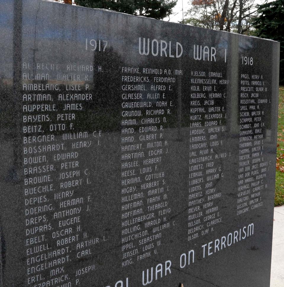 94 soldier names are etched into granite at the Sheboygan County Veterans Memorial, Tuesday, November 7, 2023, in Sheboygan, Wis.