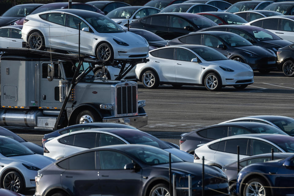 Tesla Model 3 vehicles are seen for sale at a Tesla facility in Fremont, California, U.S., May 23, 2023. REUTERS/Carlos Barria