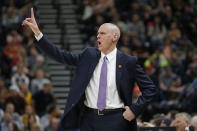 Dallas Mavericks head coach Rick Carlisle shouts to his team in the first half during an NBA basketball game against the Utah Jazz Saturday, Jan. 25, 2020, in Salt Lake City. (AP Photo/Rick Bowmer)