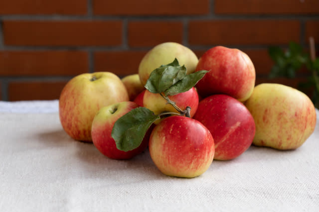 the summer harvest, ripe and juicy apples, lies on the table covered with a linen tablecloth