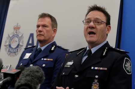 Australian Federal Police Deputy Commissioner Michael Phelan (R) and New South Wales Police Deputy Commissioner David Hudson speak at a press conference related to arrests in a foiled aircraft attack plot at the Australian Federal Police (AFP) headquarters in Sydney, Australia, August 4, 2017. REUTERS/Jason Reed