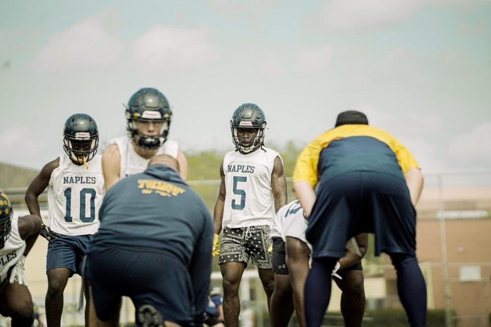 Naples running back Shawn Simeon (5) at an early season 2023 Golden Eagles practice.