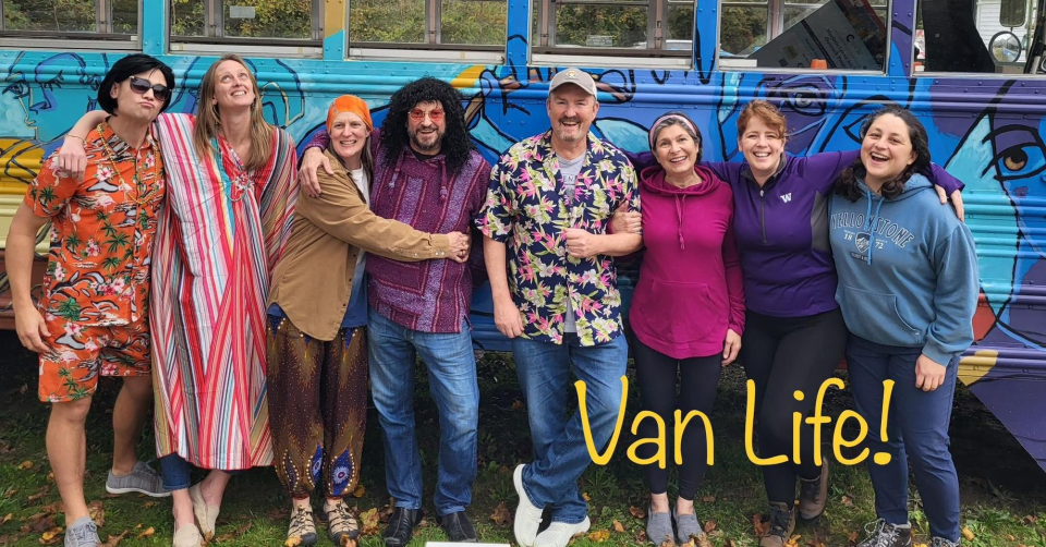 Pictured from left to right, the cast of "Van Life" at Cotuit Center for the Arts, includes  Ryan Walker, Flannery Rogers, Jennifer Andrews, Ricky Bourgeios, Rick Martin, Cathy Ode, Katie O'Connor and Victoria Smith.