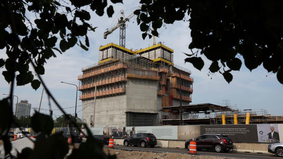 Vehicle traffic moves past construction of the Obama Presidential Center on South Stony Island Avenue on August 8, 2023, in Chicago. - John J. Kim/Chicago Tribune/Tribune News Service/Getty Images