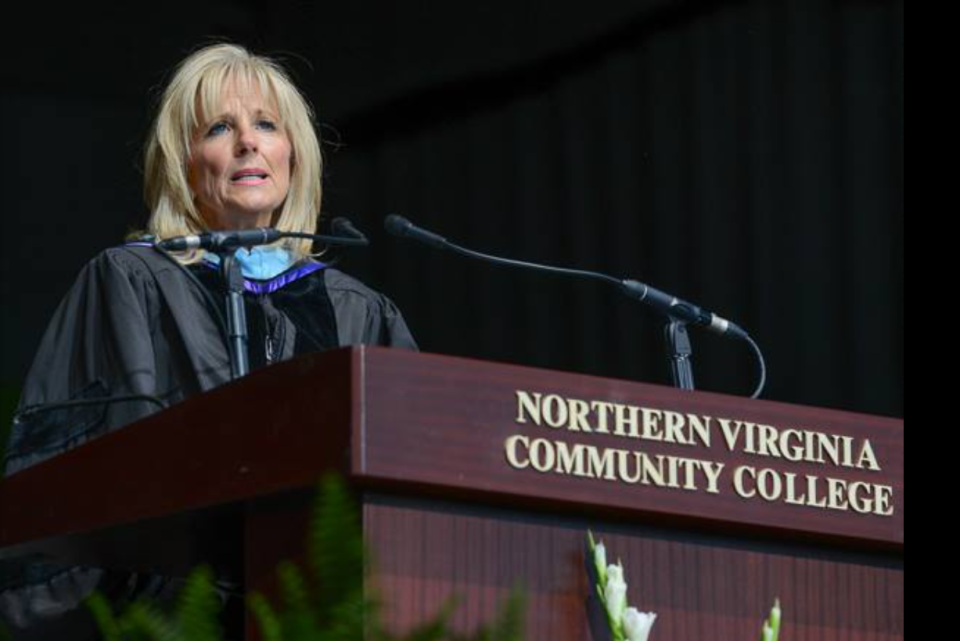 Dr. Jill Biden addressing NOVA Community College's graduates at commencement ceremony in May 2016. / Credit: NOVA Community College Facebook page