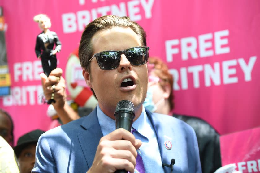 US Representative Matt Gaetz (R-FL) speaks to fans and supporters of Britney Spears gathered outside the Los Angeles County Courthouse in Los Angeles, on July 14, 2021, during a scheduled hearing in the Britney Spears guardianship case. - Three weeks after Britney Spears sensationally called for an end to her "abusive" guardianship, the pop singer's legal battle returns to court July 14 in Los Angeles. Spears gave explosive testimony on June 23 in which she pleaded with a California judge to allow her to end the conservatorship long controlled by her father, and to choose her own lawyer. (Photo by Robyn Beck / AFP) (Photo by ROBYN BECK/AFP via Getty Images)