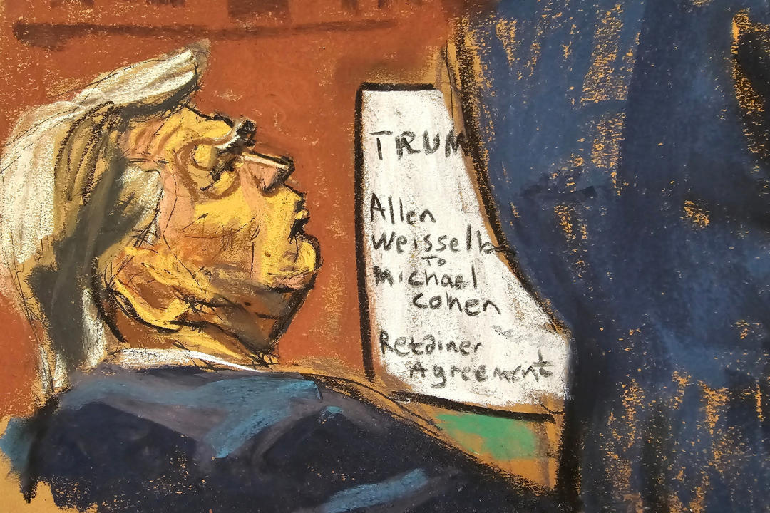 A profile of Donald Trump is shown in a courtroom sketch.