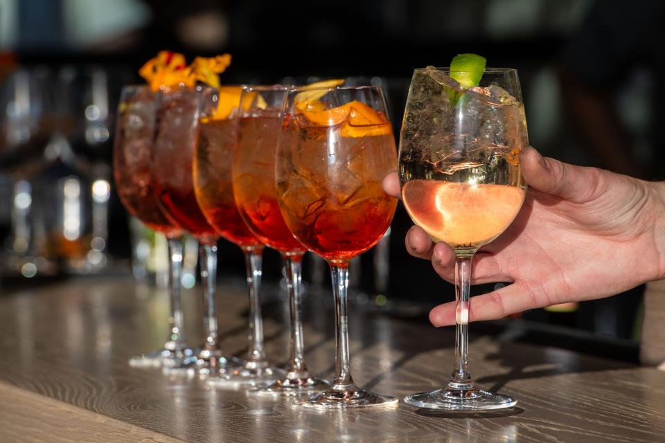 Drinks on the bar at Soprana Rooftop Cucina at the Embassy Suites by Hilton, in Asheville, April 18, 2024.