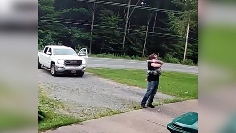 Tyler Lobdell's ring camera caught the heartwarming moment his 8-year-old son rushed outside with urgency: to give his dad one last hug before work.