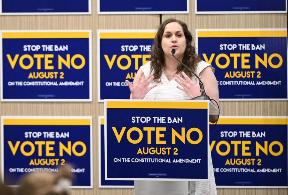 Rachel Sweet, campaign manager for Kansans for Constitutional Freedom, speaks to supporters at an election watch party Tuesday, August 2, 2022, at the Overland Park Convention Center, 6000 College Blvd. The ‘Vote No” won in the primary election. Tammy Ljungblad/tljungblad@kcstar.com