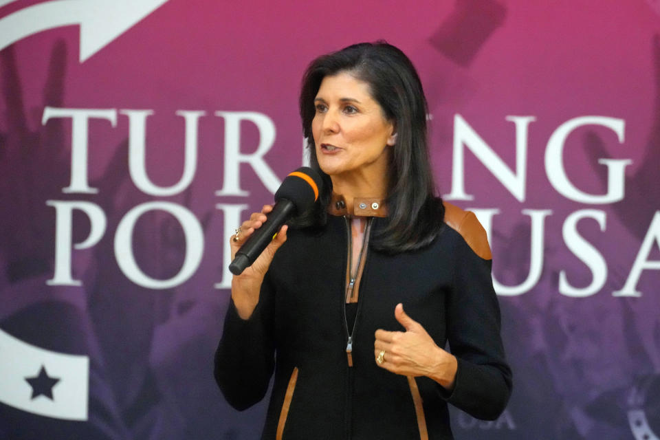 FILE - Former U.N. Ambassador and former South Carolina Gov. Nikki Haley speaks during an event sponsored by Turning Point USA at Clemson University, on Nov. 29, 2022, in Clemson, S.C. Haley is moving closer to making her presidential campaign official. On Wednesday, Feb 1, 2023, supporters of the former South Carolina governor will get an email invitation to a Feb. 15 launch event in Charleston, at which she plans to announce her campaign, according to a person familiar with the plans but not authorized to speak publicly about them. (AP Photo/Meg Kinnard, File)