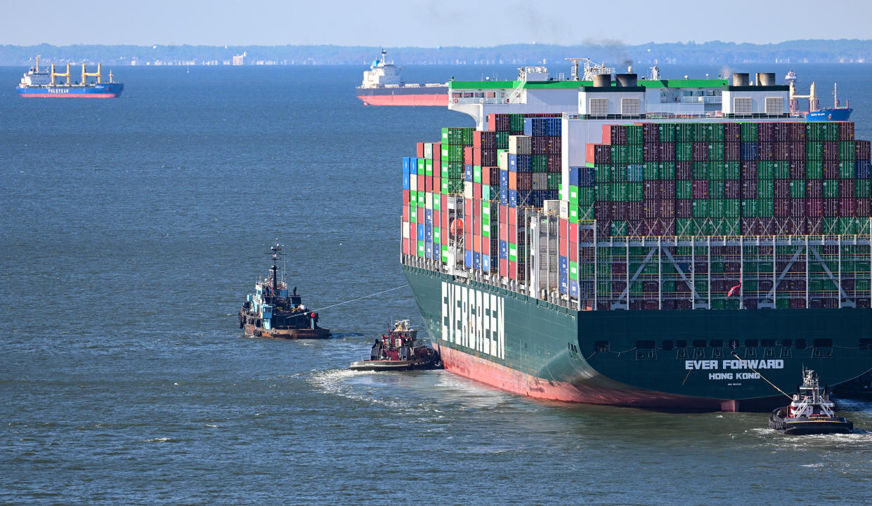 Evergreen Lineâs Ever Forward container ship is being taken to an anchorage south of the Chesapeake Bay Bridge after it was freed from mud outside the shipping channel off Pasadena, Maryland, where it has spent the past month aground. (Jerry Jackson/The Baltimore Sun/Tribune News Service via Getty Images)