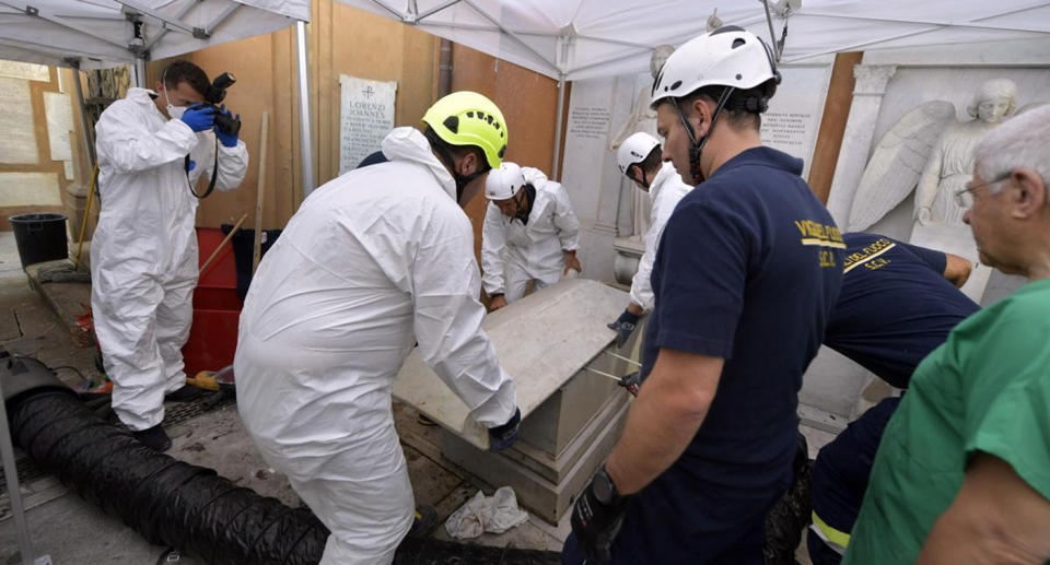 picture shows the opening of two tombs at the Teutonic Cemetery Vatican City, 11 July 2019.