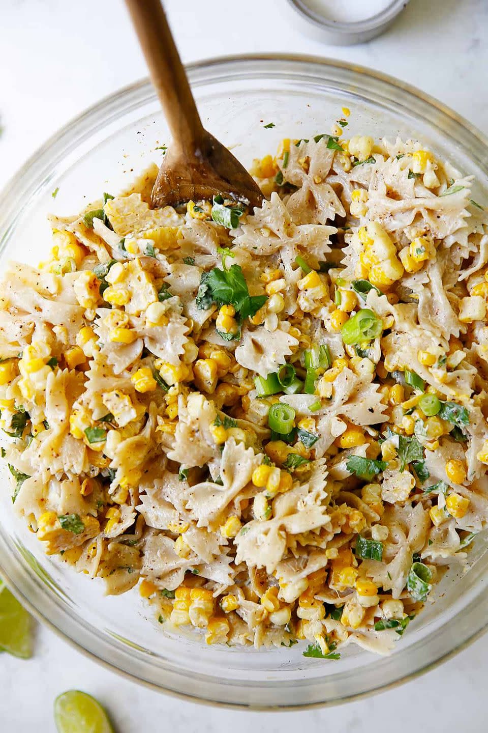 mexican street corn pasta salad with bowtie pastas