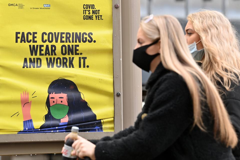 Women wearing a face masks due to the COVID-19 pandemic, walk past a sign reminding pedestrians to wear face coverings, in Manchester, northern England on October 6, 2020, after localised restrictions were introduced across northwest following a spike in coronavirus cases. - More than 42,000 people confirmed to have Covid-19 have died in Britain, the worst toll in Europe. (Photo by Paul ELLIS / AFP) (Photo by PAUL ELLIS/AFP via Getty Images)