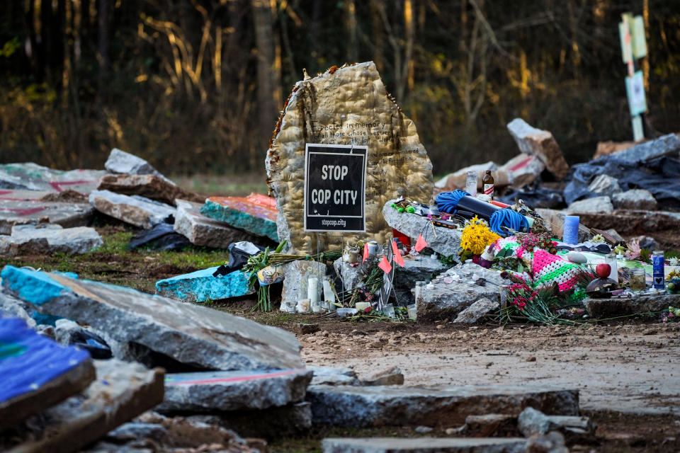 A makeshift memorial for environmental activist Manuel Teran, who was deadly assaulted by law enforcement during a raid to clear the construction site of a police training facility that activists have nicknamed 