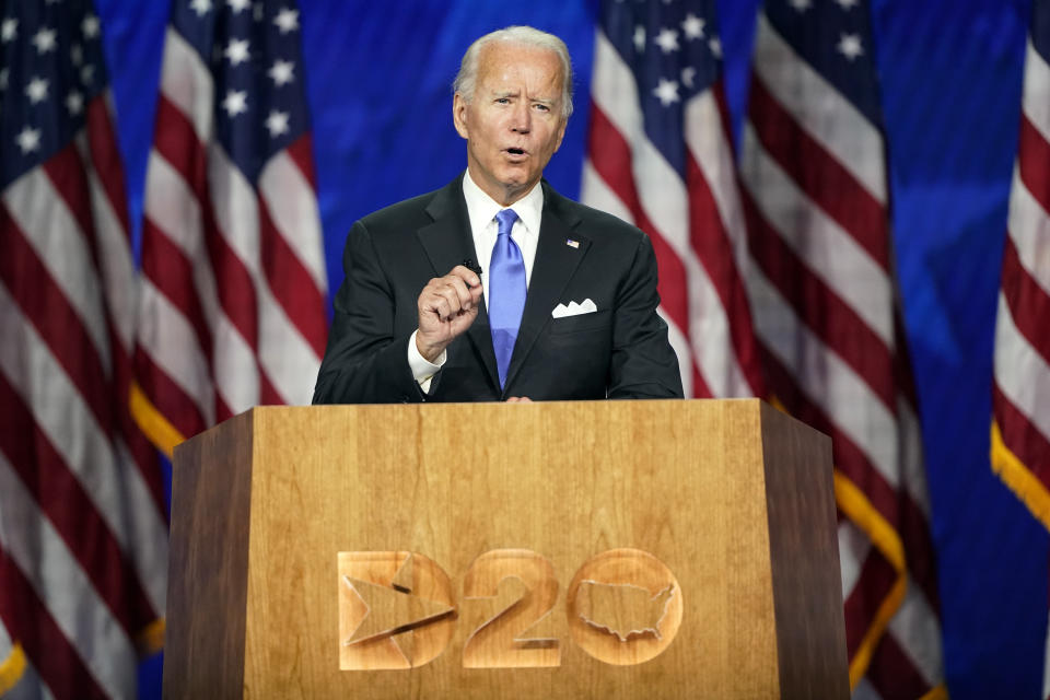 Democratic presidential candidate former Vice President Joe Biden speaks during the fourth day of the Democratic National Convention, Thursday, Aug. 20, 2020, at the Chase Center in Wilmington, Del. (AP Photo/Andrew Harnik)