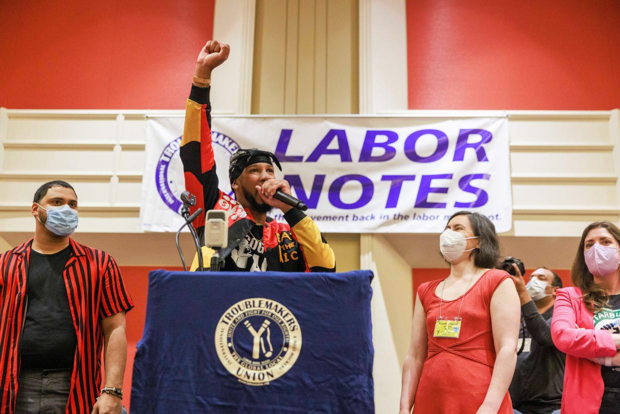 Labor leader Chris Smalls, president of Amazon Labor Union, speaks during the Labor Notes conference, in Chicago, Illinois. Smalls organized an Amazon Warehouse on Staten Island, New York, after being fired
