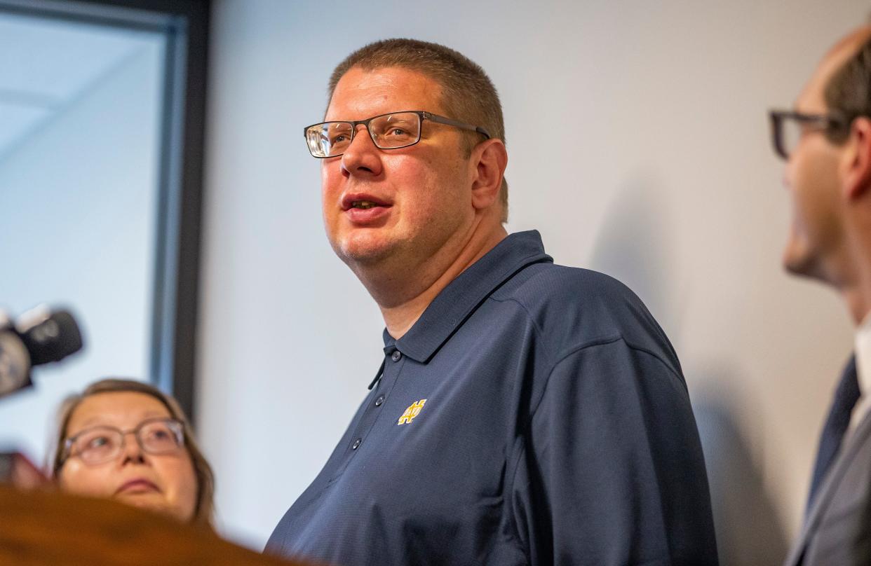 Andrew Royer speaks during a press conference at Notre Dame Law School's Exoneration Justice Clinic in South Bend on July 21, 2021, after his murder case was dismissed. Royer, a mentally disabled man, served 16 years in prison for in the 2002 death of a 94-year-old woman in Elkhart, before a judge overturned his conviction in 2020 and granted a new trial.