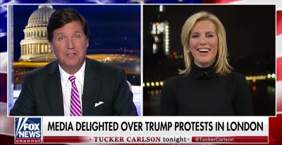 Fox News hosts Tucker Carlson and Laura Ingraham discuss Trump's state visit (Fox News)