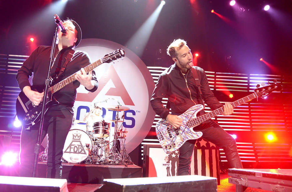 Fall Out Boy’s Pete Wentz and Patrick Stump rocked out at EA Sports’ Madden NFL Madden Bowl XXII. (Photo: C Flanigan/WireImage)